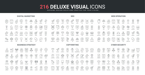 Digital marketing and SEO service, web app settings and operation, cyber security protection line icon set. Business growth strategy, copywriting thin black outline symbols vector illustration