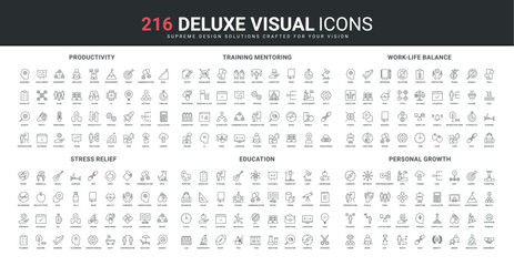 Work life balance, training mentoring for personal skill growth, career productivity line icon set. Stress relief and mental health, school education thin black outline symbols vector illustration