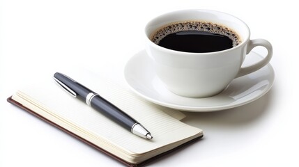 A steaming cup of coffee beside an open notebook and pen on a clean surface, ideal for productivity