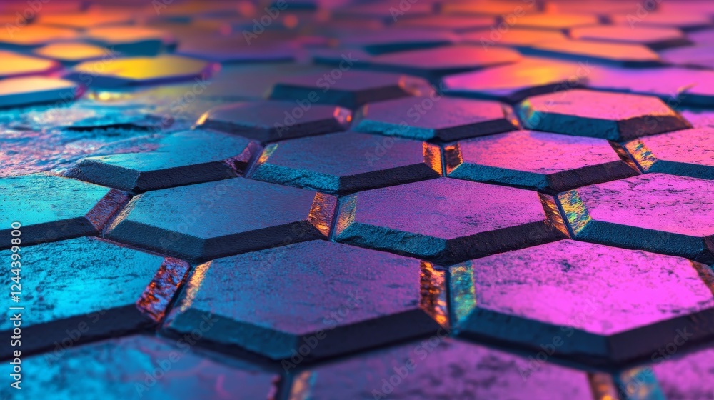 Poster abstract blue and orange geometric design featuring a hexagonal tech background in 3d