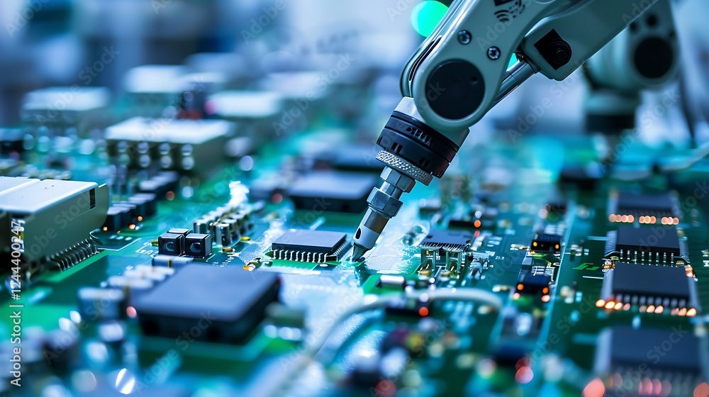Poster robotic arm precisely working on a circuit board with components. automated electronics assembly, hi