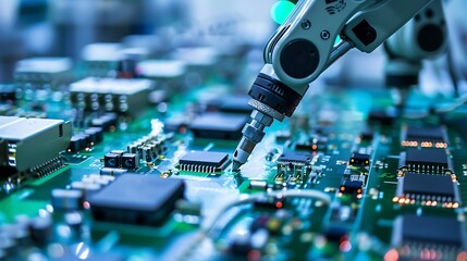 Robotic arm precisely working on a circuit board with components. Automated electronics assembly, high-tech manufacturing process.

