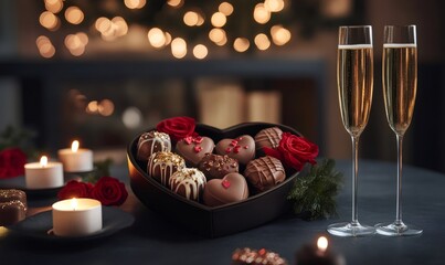 Indulge in romance with heart-shaped chocolates, champagne, and warm candlelight, creating a perfect valentine's day setting