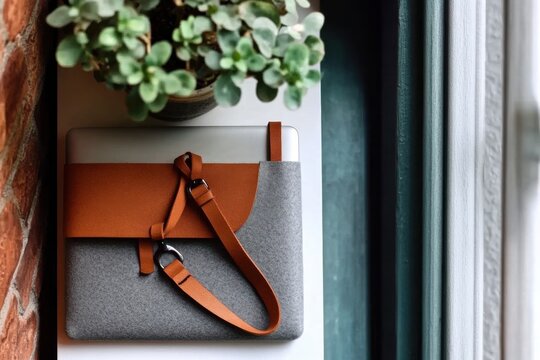 Sleek gray felt laptop sleeve with leather strap on modern white desk and plant - Powered by Adobe