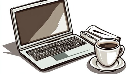 A cozy workspace featuring a laptop, coffee cup, and notepad, ideal for productivity