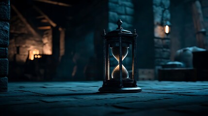 Hourglass in dark dungeon; fire, chests, game background