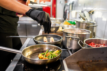 A chef in a professional kitchen prepares a dish, adding green beans and potatoes to a skillet. Various pots and pans are seen on the stove, creating a bustling culinary environment.