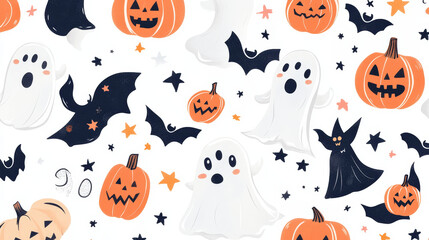 Halloween boo banner with kawaii ghost characters for holiday horror night, vector background. Funny ghosts with pumpkin and witch bats for Happy Halloween greeting with stars and confetti