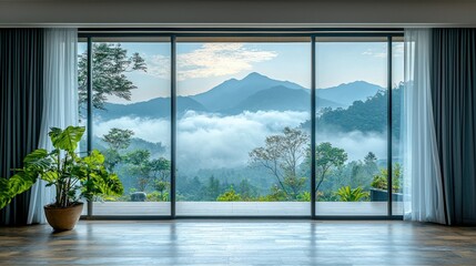 Fototapeta premium Mountain View Through Modern Sliding Glass Doors