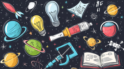 Astronomy and science colorful icons with spaceship, light bulb, magnifying glass, target, telescope, chart and books. Sketch style