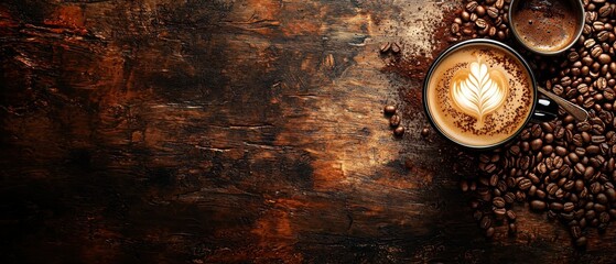 Aromatic coffee with latte art, surrounded by roasted beans and grounds on a rustic wooden surface.