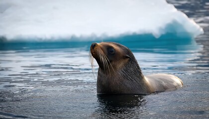 Fototapeta premium Enchanting Encounter with an Antarctic Fur Seal amidst the Frozen Majesty of the South Shetland Islands, Capturing a Moment of Wildlife and Arctic Beauty in Polar Twilight.