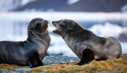 Fototapeta premium Vibrant Mockfight Antarctic Fur Seal Pups Amidst the Majestic Landscape of South Georgia, Southern Ocean at Sunset