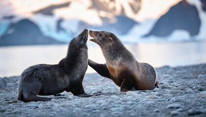 Fototapeta premium Vibrant Antarctic Fur Seal Pup Play at Sunset on South Georgia Island, Southern Ocean Stark Beauty in a Chilly Wilderness