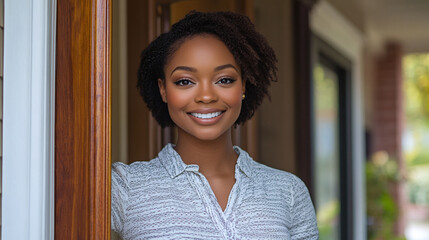 Portrait of a beautiful young african american woman, opening a door, welcoming the guests into her house, showing hospitality and friendliness. looking at the camera and smiling. greeting people.