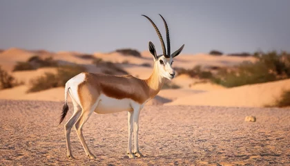 Fototapeten Majestic Reem Gazelle Roams Free in the Sunrise Desert Oasis of Abu Dhabis Wildlife Conservation Park, Embracing the Golden Hour © netsay
