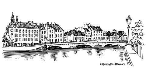 Fototapeta premium Copenhagen canal with historic buildings and bridge doodle sketch black vector engraving