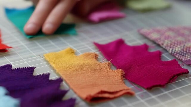 Professional fashion designer selecting and organizing vibrant fabric swatches on cutting mat, meticulously planning innovative clothing design with creative color palette and textile variety