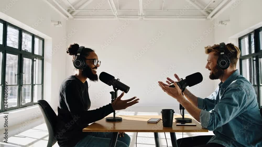 Poster Professional podcasters wearing headphones, collaborating dynamically while recording audio episode in bright, modern studio with engaging interaction