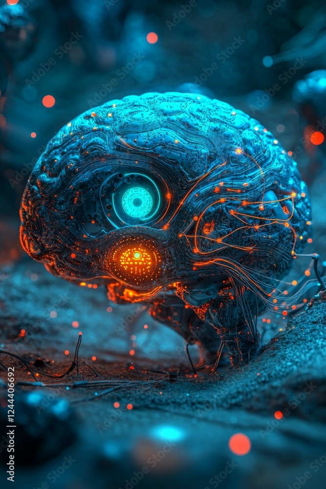 Poster illuminated human cerebrum, representing stock investments, machine learning algorithms, and neural 