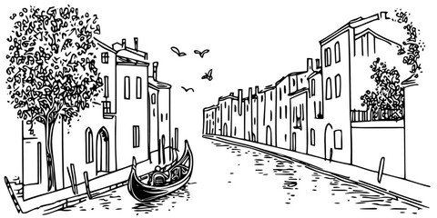 Venetian canal with gondola and historic buildings doodle sketch black vector engraving © Kaz