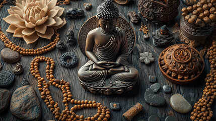 Buddhism religion sketch symbols. Vector icons of Buddha hand and Buddhist monastery monk with beads, Dharma wheel or Yin Yang and lotus flower, Zen stones and religious signs