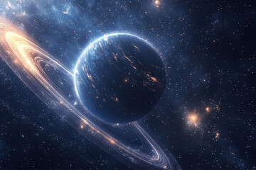 Fototapeta premium A blue planet with elegant rings orbiting in the darkness of space