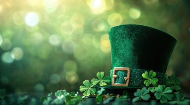 Festive banner featuring shiny green hat adorned with a gold buckle surrounded by scattered gold coins and vibrant clover leaves capturing the spirit of St Patrick's Day celebration