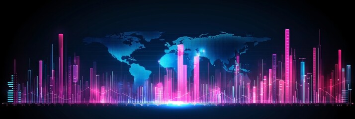 Global Financial Data Visualization Glowing Cityscape with Line Graphs and Translucent World Map
