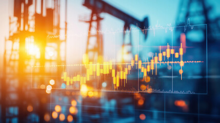 Offshore Oil Rig Under Bright Sunlight with Blurred Digital Energy Market Charts Depicting Fluctuating Global Oil and Gas Prices
