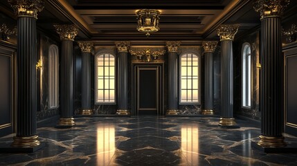 Fototapeta premium A 3D-rendered visualization of a dark classic interior showcases grand columns standing in an elegant, moody atmosphere. The space is defined by rich, deep tones, intricate architectural details