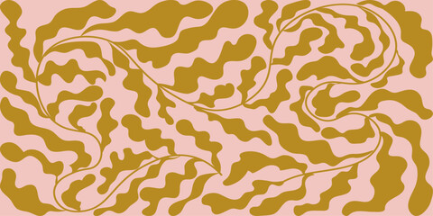 Retro botanical and abstract organic background, Trendy vintage doodle shape art, hand draw naive wavy groovy style wallpaper.