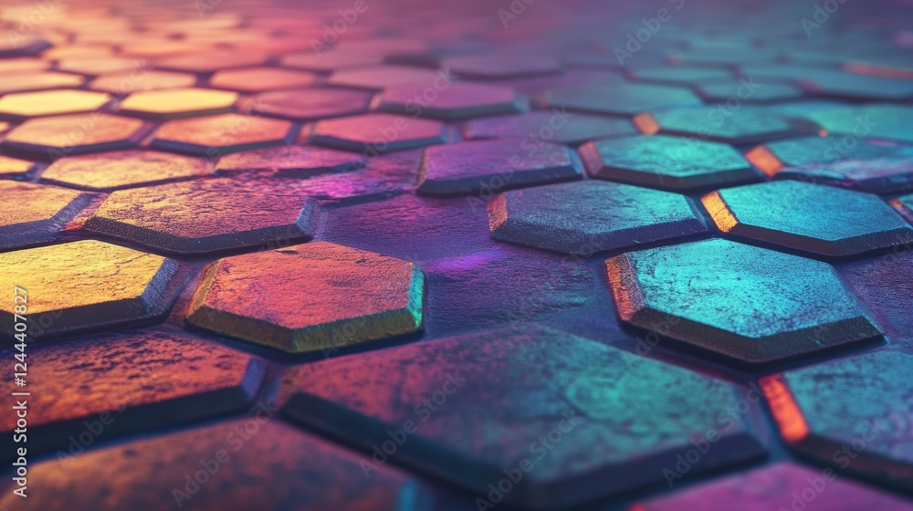 Poster a 3d rendering of blue and orange abstract geometric shapes on a hexagonal tech background