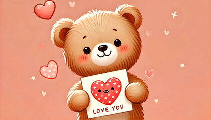 Fototapeta premium teddy bear holding a love valentine greeting card, with heart on a peach pink background