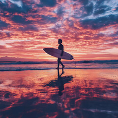 Active surfer man walking by ocean waves after surfing with long board on beach sea coast litted with sunset light during golden hour Exotic vacations active free people activities and freedom concept