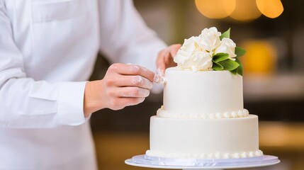 Baker delicately decorating a two-tier wedding cake with white roses in an elegant setting