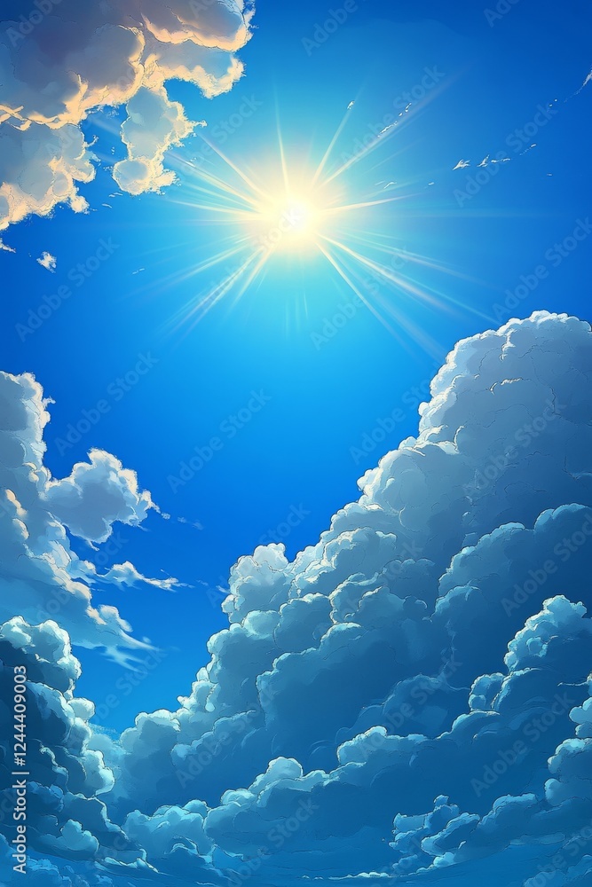Poster dreamlike spaces are provided by the brilliant sunshine filtering through soft clouds on a vivid blu