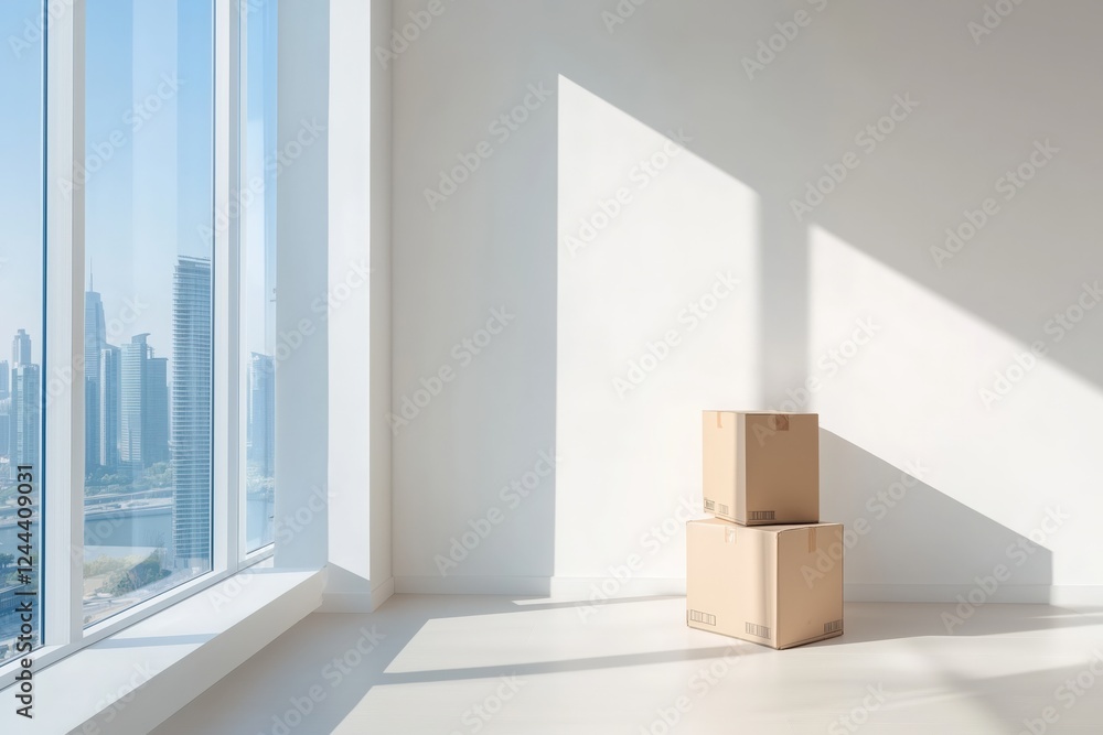 Aufkleber sunlight illuminating two cardboard boxes in an empty apartment with a large window offering a stunn