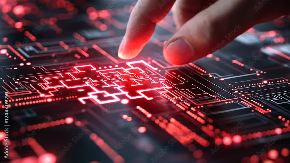 Poster a holographic hand reaches out to fit the final glowing puzzle piece into a digital network, showcas