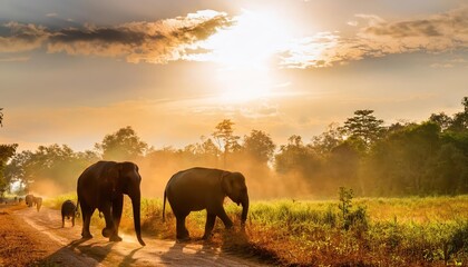 Asian Wild Elephants Roaming Under the Scorching Thai Sun in KuiBuri National Park Majestic Giants and Vibrant Savannah under a Warm Sky