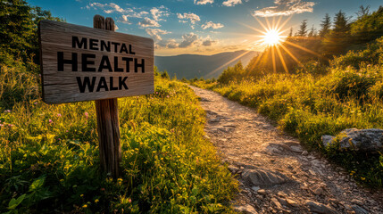Obraz premium Wooden road sign reading Mental Health Walk, beautiful meadow footpath in the background