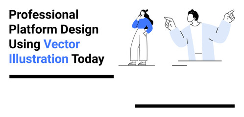 Two stylized characters communicating, bold text elements, minimal lines. Ideal for web design, business strategy, teamwork, education platforms, collaboration concepts, UIUX design flat landing