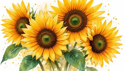 Bright and cheerful watercolor painting of sunflowers, bold brushstrokes and golden-yellow palette