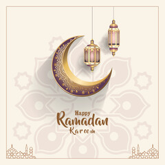 islamic greeting card ramadan kareem template design with crescent and lanterns