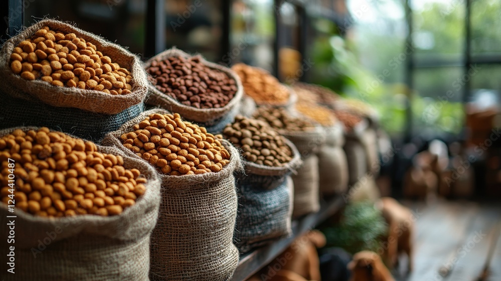 Aufkleber colorful assortment of nuts and seeds in burlap sacks displayed in a rustic market setting