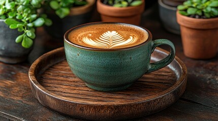 Latte art in a teal cup on wooden tray