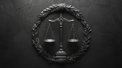 Law firm, lawyer or law office symbol. Scales of justice, framed by heraldic laurel wreath. Lawyer card, law firm logo, legal center emblem design