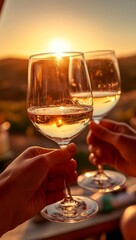 Obraz premium Happy friends raise their red wine glasses in a toast at an animated outdoor summer fest