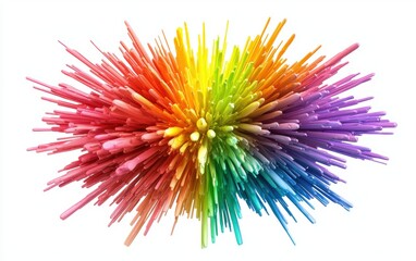 Rainbow-colored explosion of paint droplets dispersing in all directions, isolated on white