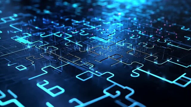 An abstract data cloud made of interlocking neon-blue puzzle pieces, illustrating smooth cloud API integration in a high-tech digital world.